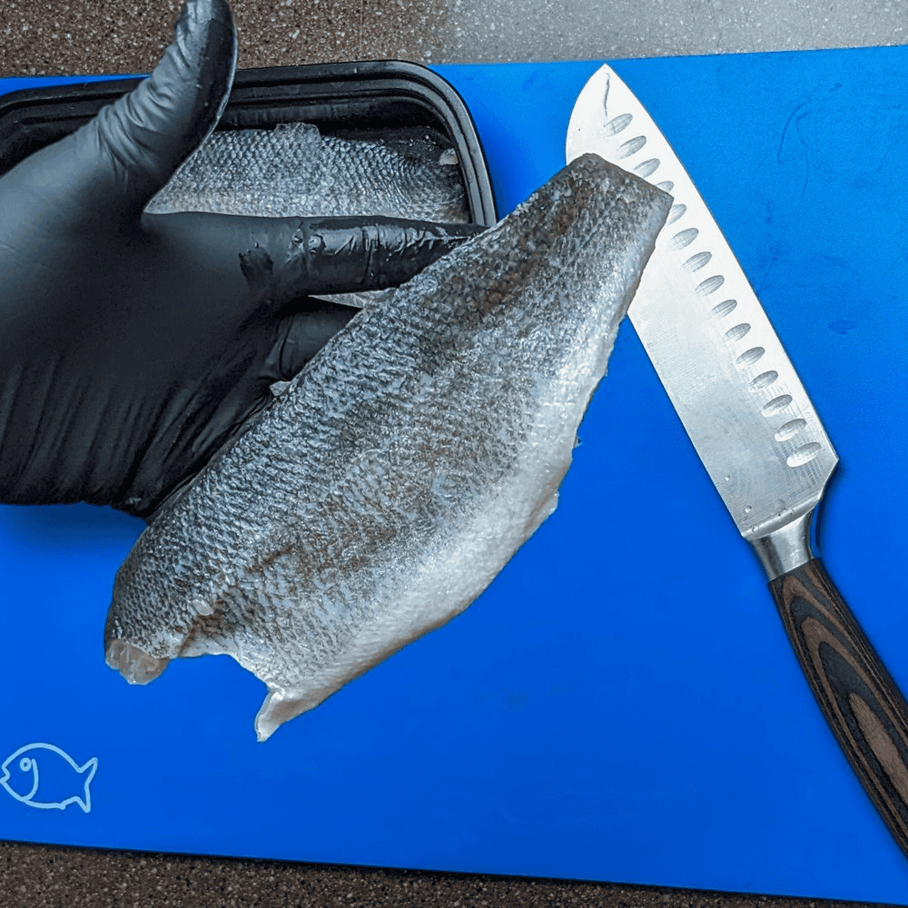 branzino fish in gloved hand over blue cutting board.